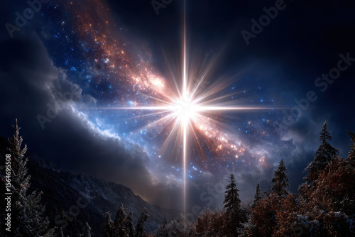 Stunning cosmic explosion illuminated by brilliant light over dark mountain landscape