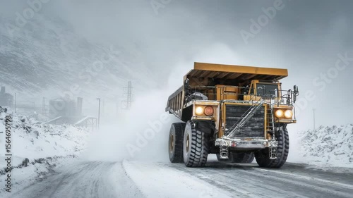 Heavy mining truck driving through snow