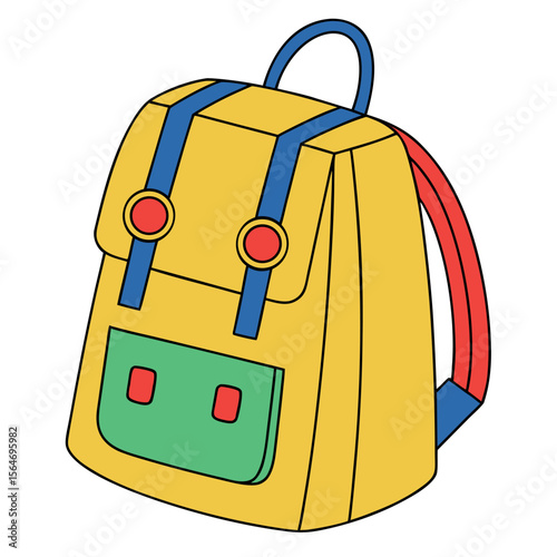 Yellow backpack with blue and red accents green