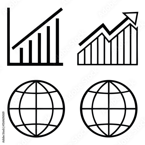Two upward trending bar charts and two globe icons isolated on white background