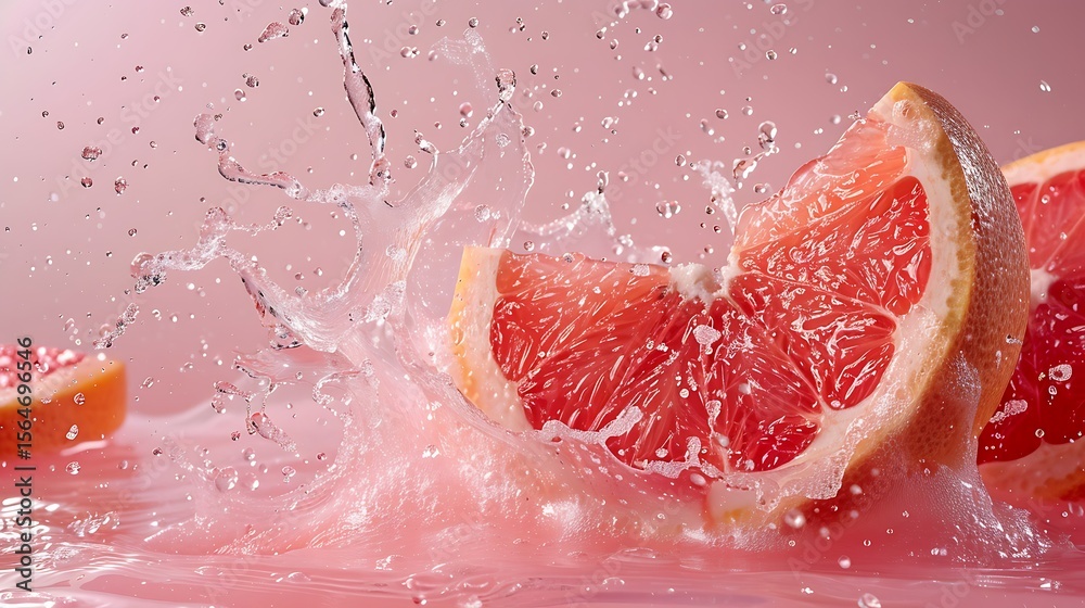 Fototapeta premium A vibrant splash of grapefruit juice creating arcs against a soft pink backdrop.