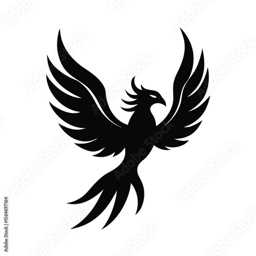 Majestic phoenix bird flying up wings spread silhouette vector illustration