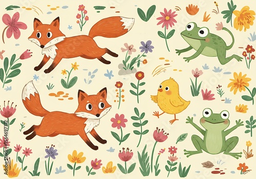 花が咲き乱れる緑豊かな草地で、キツネ、ヒヨコ、カエルが走りまわっているイラスト。