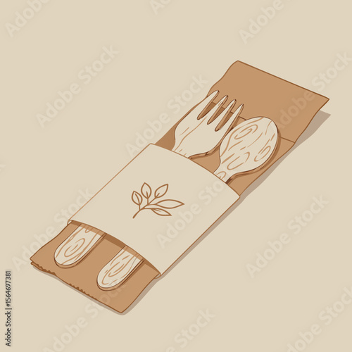 Eco-friendly wooden cutlery set wrapped in natural paper packaging  