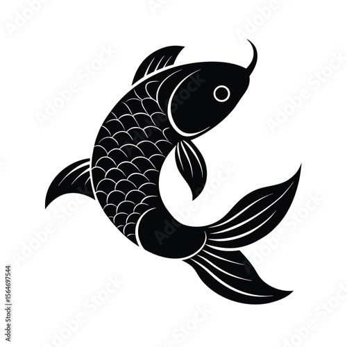Elegant koi fish swimming gracefully monochrome silhouette vector illustration