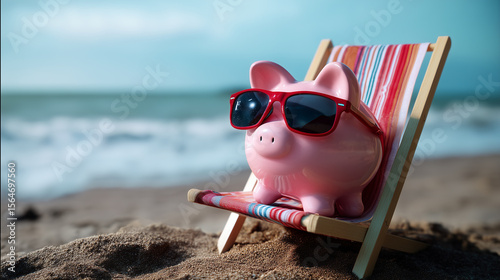 Piggy Bank on Beach with Sunglasses