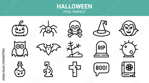 Collection of halloween themed icons in a clean line art silhouette style