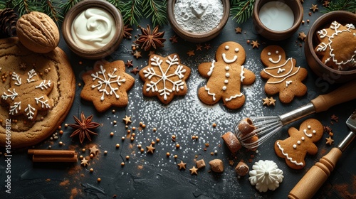 Holiday baking border with gingerbread cookies, rolling pins, and sprinkles photo