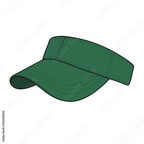 Vector illustration of a green golf visor cap with stitching, isolated object on transparent background