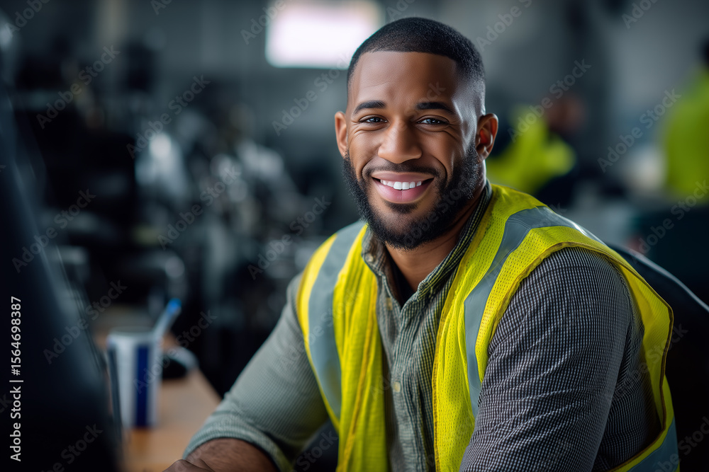 Fototapeta premium Smiling African-American Worker in Safety Vest