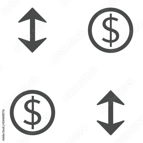 Dollar coin and vertical arrows icons representing financial exchange isolated on white background