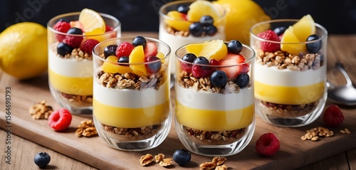 Five glasses of layered parfait desserts with granola, berries, fruit on a wooden table.