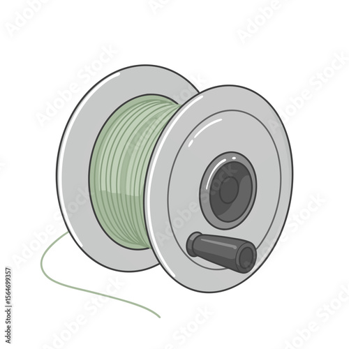 Fishing line spool with green line and black handle design  