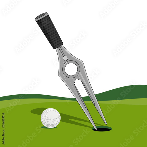 Golf ball and repair tool for fixing dents on green course with hills in the background