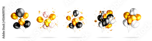 3D stock vector illustration set of realistic balloons bundle with confetti and shadow for special event design.