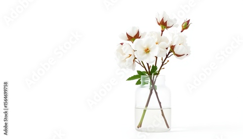 Elegant bouquet of white blossoms arranged in a clear glass vase displayed on a white background.