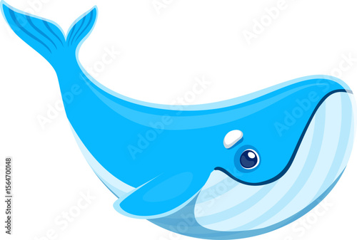 Cartoon whale character of underwater animal of sea and ocean fish, isolated vector. Cartoon blue whale or cachalot with funny cute face for kids mascot of undersea animals and oceanarium sea world