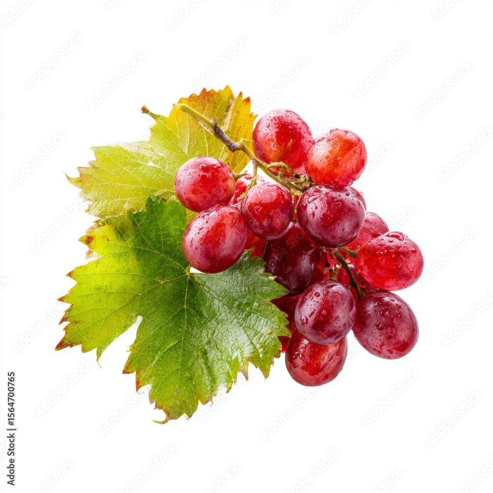 Fototapeta premium A close-up shot of a cluster of ripe red grapes with fresh green leaves, perfect for evoking freshness