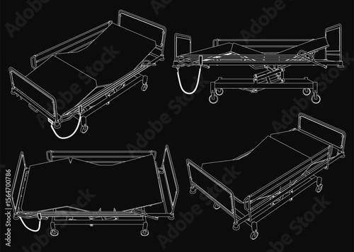 Four detailed hospital beds stand out against a black background, each with unique designs. Clear details include headboards, footboards, and wheels. The stark contrast emphasizes the white beds.