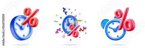 Set of 3d alarm clock icon with red percent sign. Time limited discount deal or special offer concept for marketing.