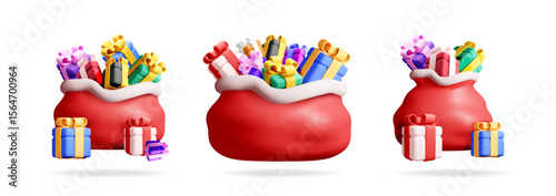 Three dimensional santa bag full of colorful gifts, with additional presents beside it. Christmas holiday concept.