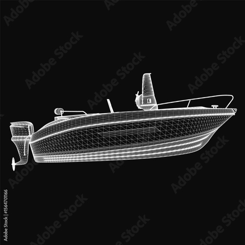 A sleek 3D model of a speed boat with detailed hull, polished surfaces, and dynamic motor features stands out against a black background. The realistic rendering highlights the boat's aerodynamic.