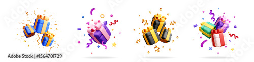 Set of 3d gift boxes with gold ribbons and confetti explosion. Celebration and surprise concept for holiday event.