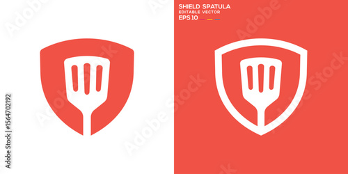 Shield spatula logo. Safety, cooking, dishes. Vector icon symbol template EPS 10.