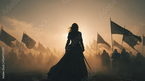 A woman leads a squad through a foggy battlefield at dawn, flags and silhouettes in the distance