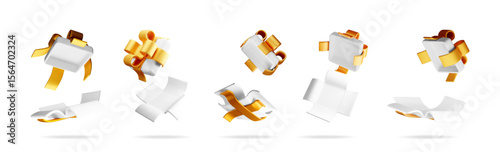 White open box with gold ribbon floating. Set of delivery, unpack or prize concept. 3d vector stock illustration for celebration, holiday.