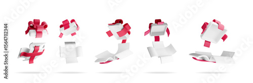 A collection of 3d gift boxes with red ribbon, some closed with bows and opened, concept for celebration and surprise present.
