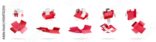Set of 3d gift box elements opening and closing with various parts for surprise present and discount concept. Pink present.