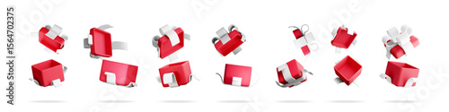 Many red gift boxes with white ribbons. 3D render illustration set collection for present concept. Holiday surprise element.