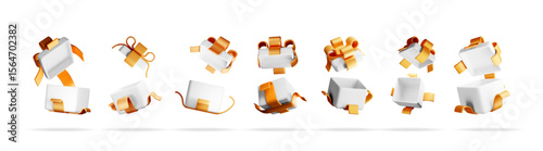 Set of 3d gift box with gold ribbon for sale, holiday present, birthday, New Year, Christmas, mockup box, special offer, 3d render.