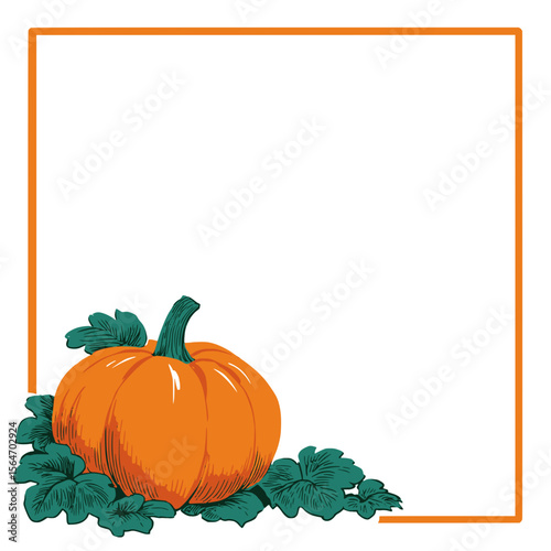 Pumpkin corner border autumn harvest illustration, Decorative illustration of two pumpkins with leaves and vines in the bottom left corner, perfect for autumn, harvest, or Thanksgiving themed designs
