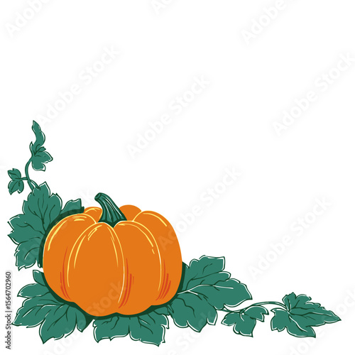Pumpkin corner border autumn harvest illustration, Decorative illustration of two pumpkins with leaves and vines in the bottom left corner, perfect for autumn, harvest, or Thanksgiving themed designs
