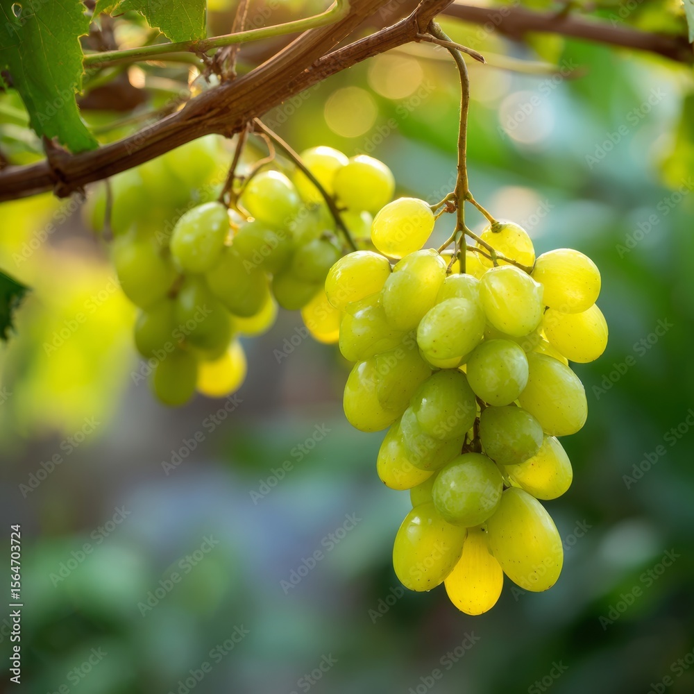 Close-up of fresh green grapes on a vine, illuminated by the sun, creating a delicious and appealing sight Close-up of fresh green grapes on a vine, illuminated by the sun, creating a delicious and appealing sight