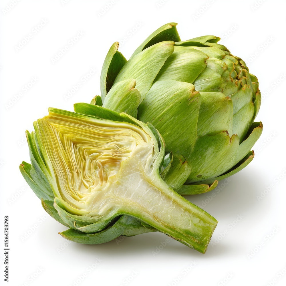 Obraz premium Fresh artichoke isolated on a light surface, showcasing its vibrant green color and intricate layers. The cut-open half reveals the edible heart and tender leaves, emphasizing its freshness.