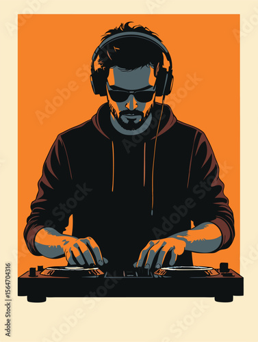 DJ playing music with headphones on turntable. Vector illustration.