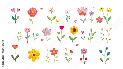 Adorable collection of hand drawn watercolor flowers and decorative elements on white background.