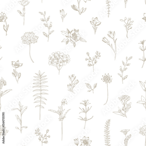 Hand drawn outline flowers and blades of grass. Toile design in beige tones.
