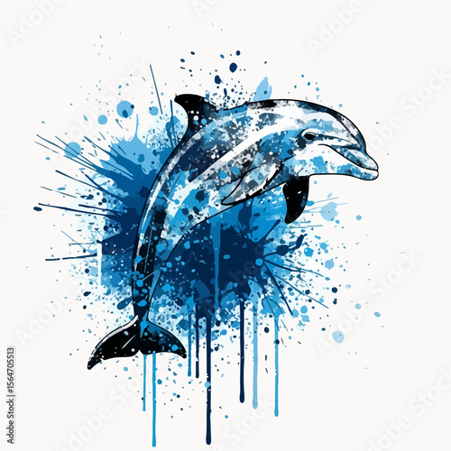 An energetic ocean scene with a dolphin breaking the surface, caught in a splash of watercolor blue ink. Dynamic and modern sea life illustration