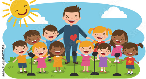 Cartoon Childrens Choir with Teacher Smiling and Singing Together Outdoors.