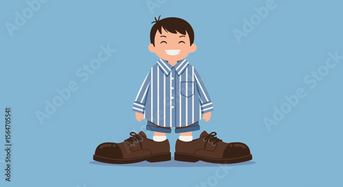 Cartoon Boy in Oversized Shoes and Striped Shirt Smiling Brightly.