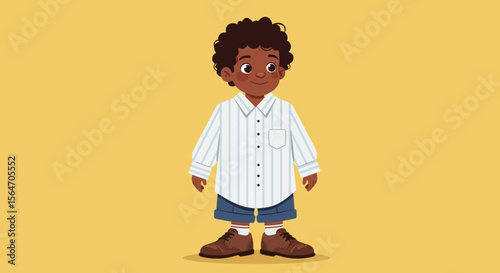 Cartoon Boy with Curly Hair in Striped Shirt and Shorts Illustration.