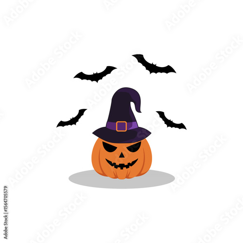 Halloween pumpkin with witch's hat and bats, a simple graphic design.
