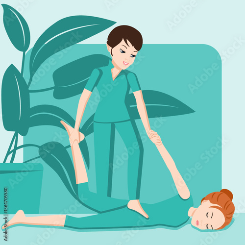Shiatsu full body massage. Therapy and treatment by professional therapist in SPA. Isolated flat vector illustration. European ethnicity.