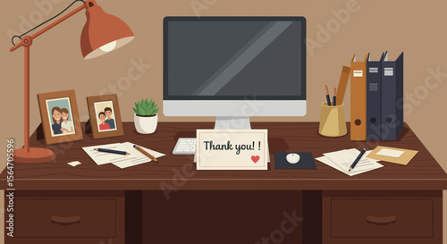 Cartoon Desk Scene with Computer Lamp Photos and Thank You Card.
