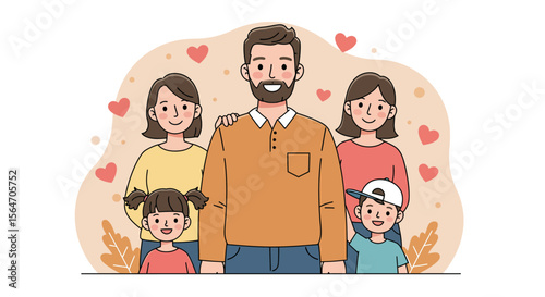 Cartoon Family Portrait with Father Mother Son and Two Daughters Smiling.