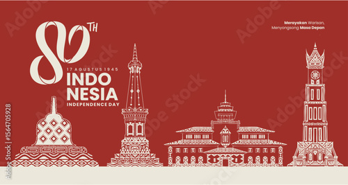 80th Indonesia Independence Day Banner with Traditional Landmark Line Art